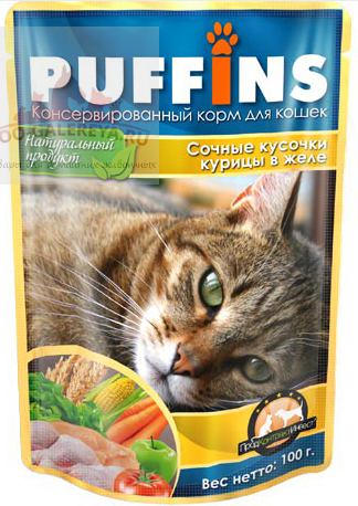 PUFFINS 100г Консервы для кошек сочные кусочки телятины с печенью в желе пауч