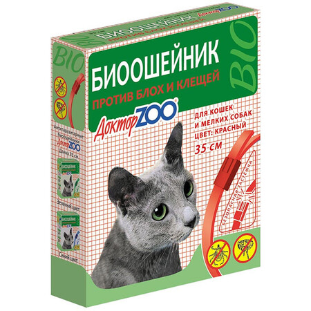 Доктор ZOO 35см биоошейник для кошек и мелких собак от блох клещей красный