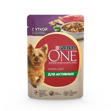 PURINA ONE МИНИ Актив 85 г пауч консервы для собак, с уткой, пастой и зеленая фасолью в подливе 1х26