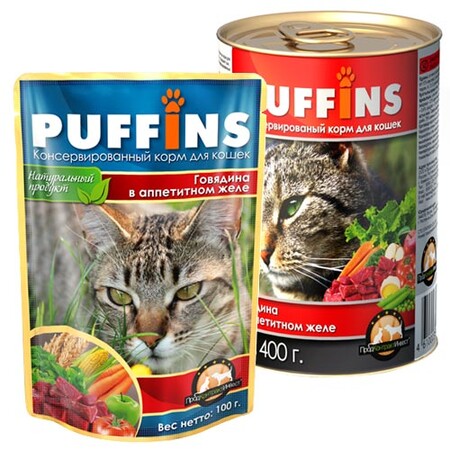 PUFFINS 415 г Консервы для кошек в желе с говядиной
