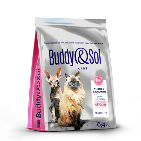 BUDDY SOL CARE ADULT HAIR & SKIN 400 гр сухой корм для взрослых кошек для здоровья кожи и шерсти с индейкой и лососем