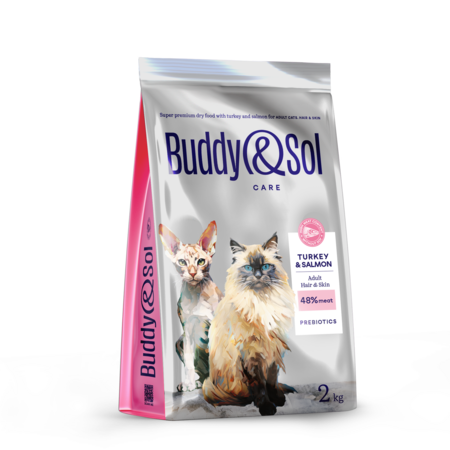 BUDDY SOL CARE ADULT HAIR & SKIN 2 кг сухой корм для взрослых кошек для здоровья кожи и шерсти с индейкой и лососем