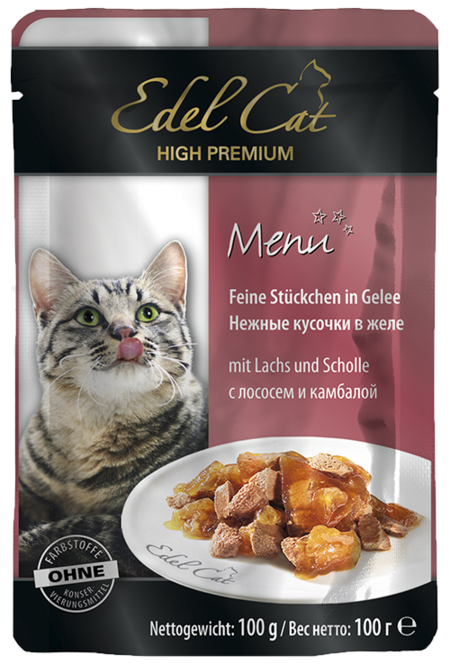 EDEL CAT 100 г консервы для кошек нежные кусочки в желе лосось и камбала пауч