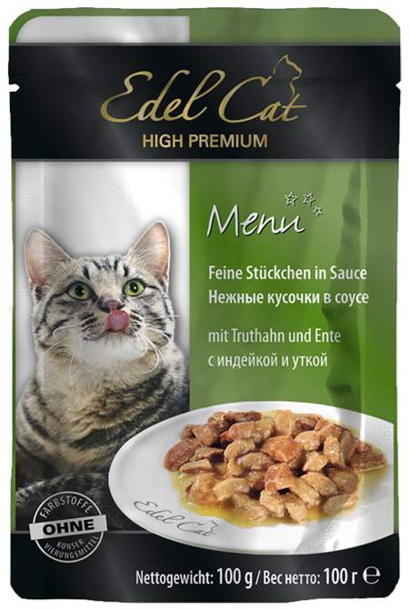 EDEL CAT 100 г консервы для кошек нежные кусочки в соусе индюшка и утка пауч