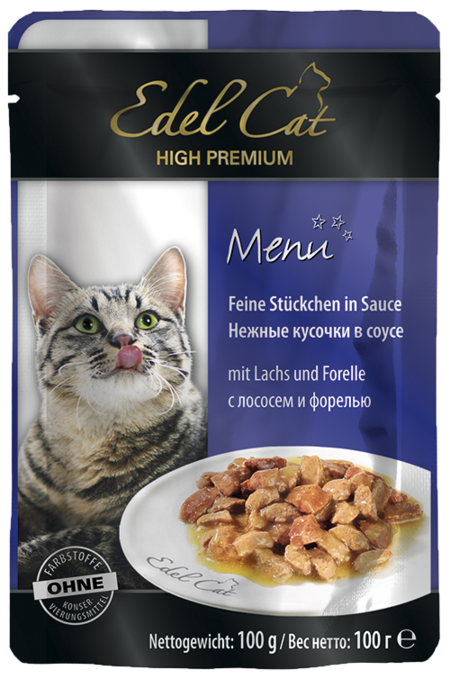 EDEL CAT 100 г консервы для кошек нежные кусочки в соусе лосось и форель пауч