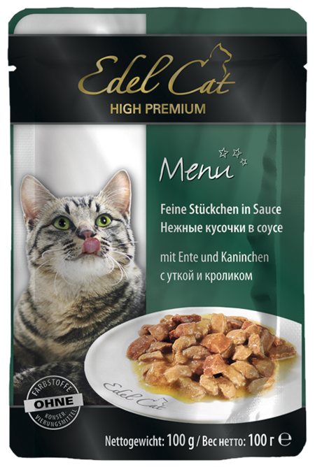 EDEL CAT 100 г консервы для кошек нежные кусочки в соусе утка и кролик пауч