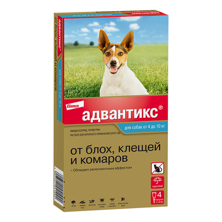 ELANCO Адвантикс 4 пипетки капли от блох, клещей и комаров для собак весом от 4 до 10 кг