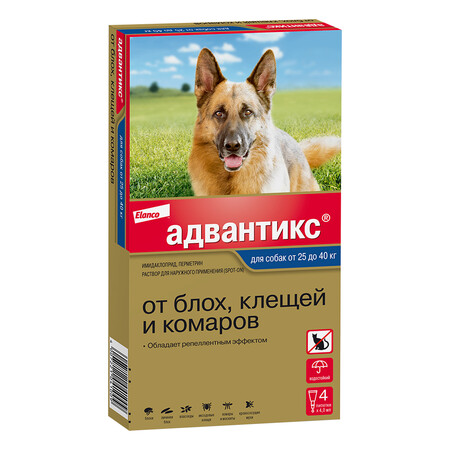 ELANCO Адвантикс 4 пипетки капли от блох, клещей и комаров для собак весом более 25 кг