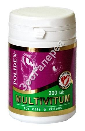 POLIDEX Мультивитум плюс 200 таб.для кошек - сбалансированная витамино-минеральная подкормка, применяется для профилактики авитаминозов