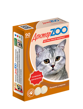Доктор ZOO 90 шт мультивитаминное лакомство со вкусом копченостей для кошек
