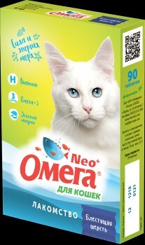 ФАРМАКС ОМЕГА NEO+ БЛЕСТЯЩАЯ ШЕРСТЬ 90 таб витамины для кошек биотин и таурин 1х5
