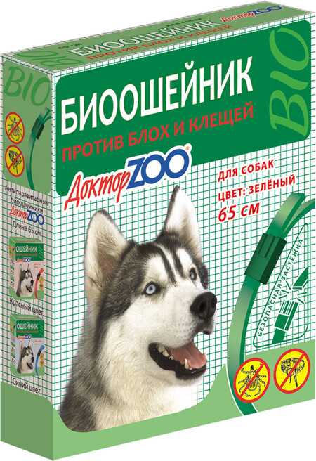 Доктор ZOO 65см биоошейник для собак от блох клещей зеленый