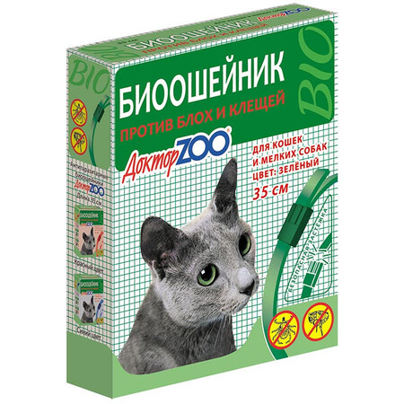 Доктор ZOO 35см биоошейник для кошек и мелких собак от блох клещей зеленый