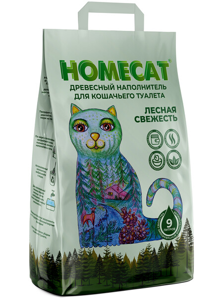HOMECAT Лесная свежесть 9 л 3 кг древесный наполнитель для кошачьих туалетов мелкие гранулы