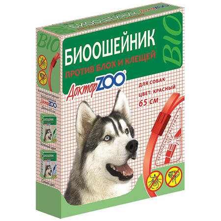 Доктор ZOO 65 см биоошейник для собак от блох клещей красный