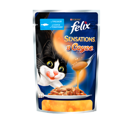 Felix Sensations 85 г пауч консервы в удивительном соусе для кошек, треска с томатами