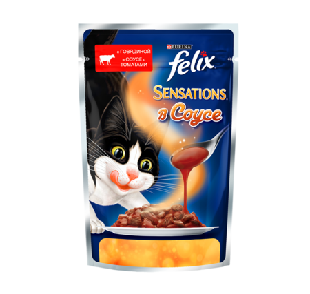 Felix Sensations 85 г пауч консервы в удивительном соусе для кошек, говядина с томатами