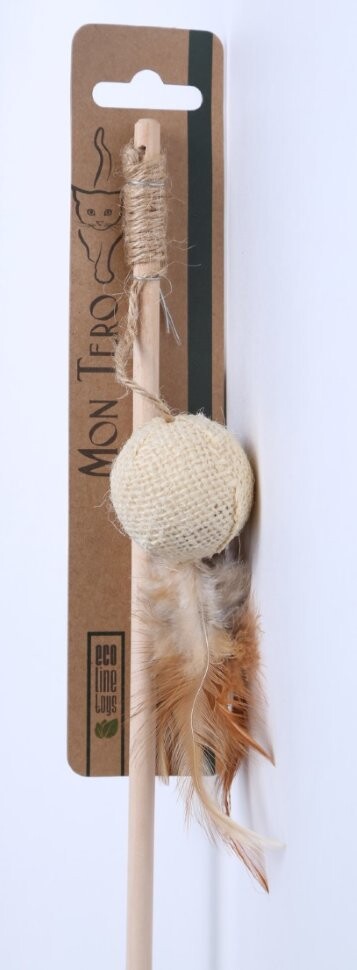 МОН ТЕРО ЭКО 42 см D 5 см игрушка для кошек дразнилка-удочка шар бежевый с перьями сизаль с кошачьей мятой