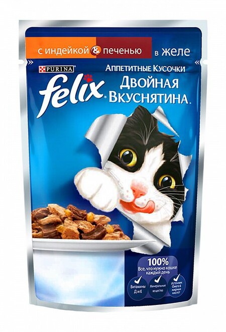 Felix 85 г пауч консервы для кошек аппетитные кусочки в желе двойная вкуснятина с индейкой и печенью