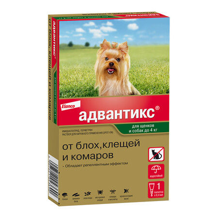 ELANCO Адвантикс 1 пипетка капли от блох, клещей и комаров для щенков и собак весом до 4 кг