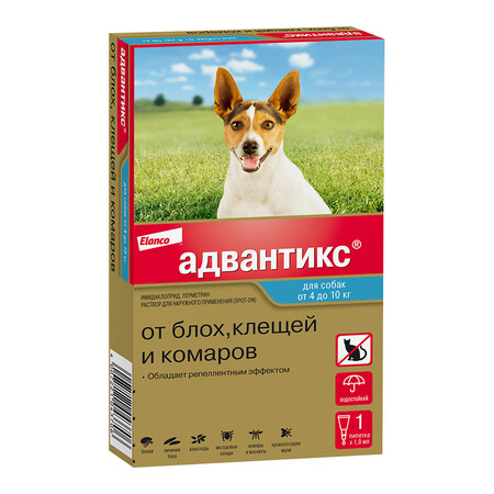 ELANCO Адвантикс 1 пипетка капли от блох, клещей и комаров для собак весом от 4 до 10 кг