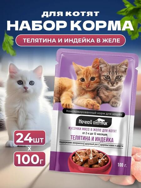 НОЧНОЙ ОХОТНИК 24 шт по 100 г консервы для котят телятина и индейка кусочки в желе