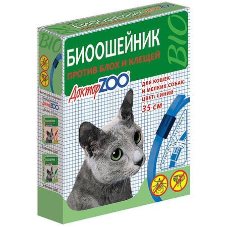 Доктор ZOO 35см биоошейник для кошек и мелких собак от блох клещей синий