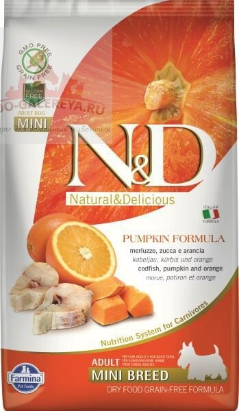 FARMINA N&D GF Pumpkin Adult Mini беззерновой для собак мелких пород Треска с тыквой и апельсином 