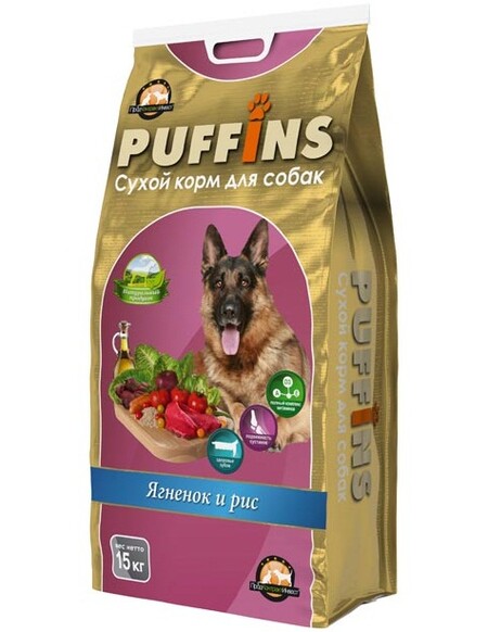 PUFFINS 15 кг Корм сухой для собак ягненок и рис