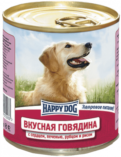 HAPPY DOG 750 г консервы для собак говядина с сердцем печенью рубцом и рисом