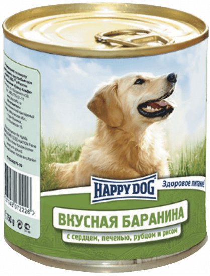 HAPPY DOG 750 г консервы для собак баранина с сердцем печенью рубцом и рисом