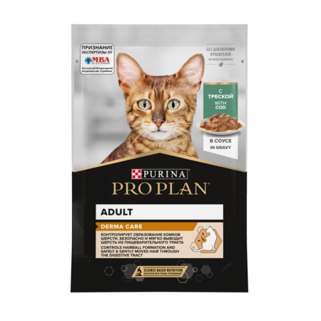 Pro Plan DERMA CARE 85 гр влажный корм для взрослых кошек для здоровья кожи и красоты шерсти с треской в соусе
