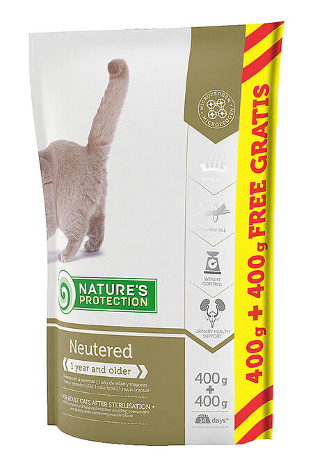 NATURE’S PROTECTION Neutered 400г + 400г полнорационное сбалансированное питание для стерилизованных кошек и кастрированных котов