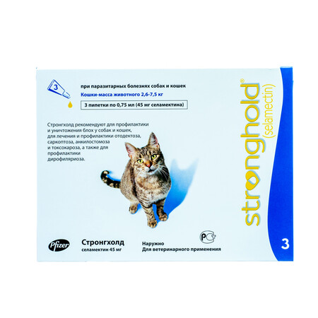 ЗОЭТИС СТРОНГХОЛД 6% 0,75 мл/45 мг 2,6-7,5 кг инсекто-акарицидные капли на холку для кошек голубые 1х3 пипетки