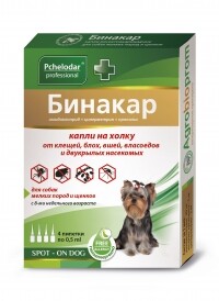 ПЧЕЛОДАР Бинакар 1 пипетка на 5 кг 0,5 мл/4 пипетки капли на холку от блох, вшей и власоедов для собак мелких пород