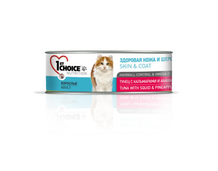 1st CHOICE Skin & Coat Adult 85 г консервы для кошек для здоровья шерсти и кожи тунец с кальмаром и ананасом