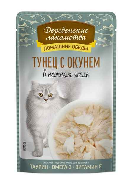 ДЕРЕВЕНСКИЕ ЛАКОМСТВА 70 г консервы для кошек тунец с окунем в нежном желе пауч 1х12