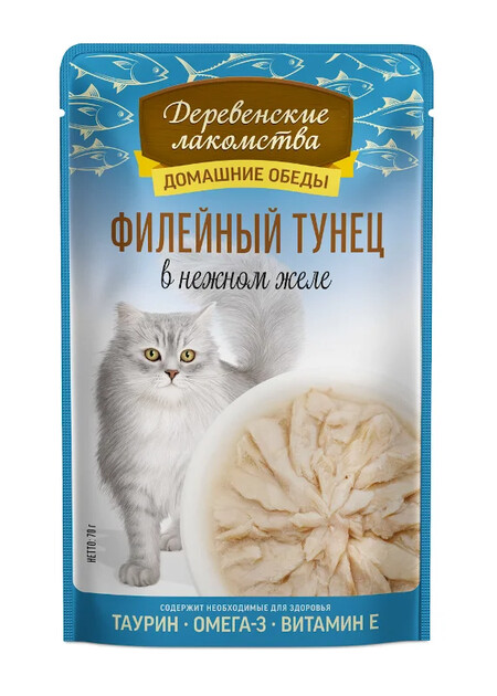 ДЕРЕВЕНСКИЕ ЛАКОМСТВА 70 г консервы для кошек филейный тунец в нежном желе пауч 1х12