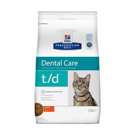 Hill`s Prescription Diet t/d Dental Care 1,5 кг сухой корм для кошек для поддержания здоровья полости рта курица