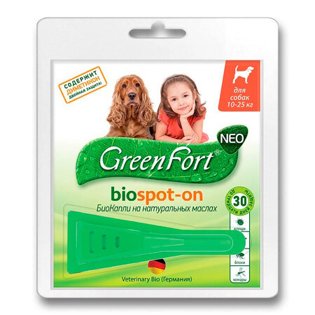 GREEN FORT NEO 1,5 мл 10-25 кг биокапли от блох и клещей для средних собак
