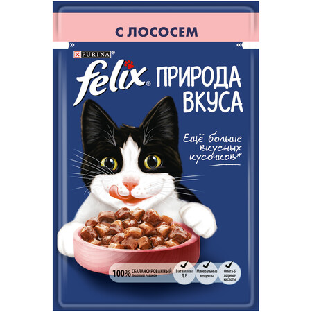 Felix Природа вкуса 85 г пауч консервы для взрослых кошек, с лососем 1х26