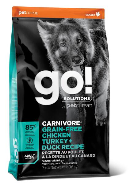 GO! CARNIVORE GF Chicken,Turkey + Duck Adult Recipe DF 34/16 корм беззерновой для взрослых собак всех пород 4 вида мяса: индейка, курица, лосось, утка