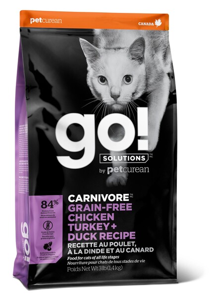 GO! CARNIVORE GF Chicken, Turkey + Duck Recipe CF 46/18 корм беззерновой для котят и кошек - 4 вида мяса: курица, индейка, утка и лосось