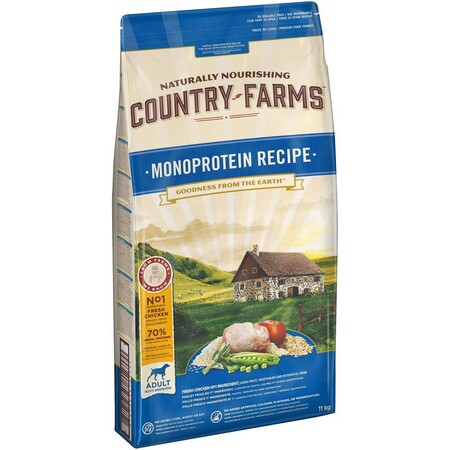 COUNTRY FARMS 11 кг монопротеиновый сухой корм полнорационный для взрослых собак с высоким содержанием курицы
