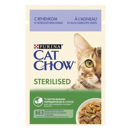 СAT CHOW STERILISET влажный 85г для стерилизованных кошек Ягненок Зеленая Фасоль пауч соус