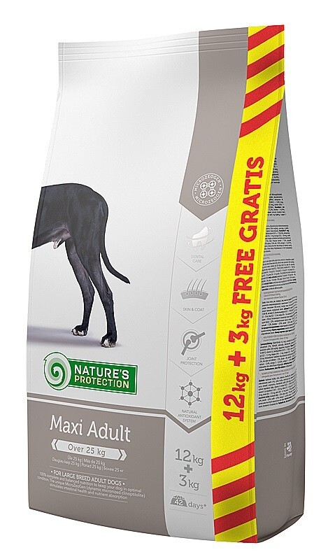 NATURE’S PROTECTION Maxi Adult 12кг + 3кг полнорационное питание для взрослых собак крупных пород старше 1,5 лет