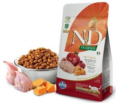 FARMINA N&D GF Pumpkin Adult Neutered корм беззерновой для стерилизованных кошек и кастрированных котов перепел с тыквой и гранатом