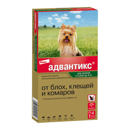 ELANCO Адвантикс 4 пипетки капли от блох, клещей и комаров для собак весом до 4 кг