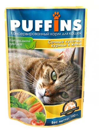PUFFINS 100г Консервы для кошек сочные кусочки курицы в желе пауч