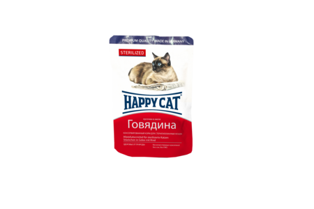 HAPPY CAT 100 г консервы для стерилизованных кошек кусочки в желе говядина пауч